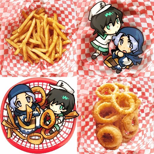 2girls, anchor_symbol, black_hair, blue_hair, commentary_request, food, french_fries, green_eyes