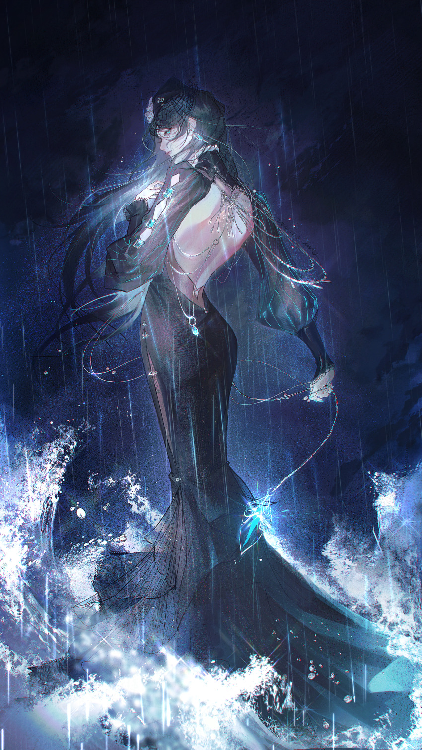 1girl, absurdres, aqua_eyes, aqua_gem, back, backless_dress, backless_outfit, black_dress