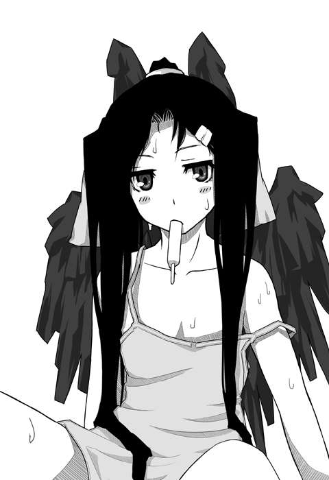 1girl, black_wings, female_focus, food, greyscale, kosumone, kyoukaisenjou_no_horizon, long_hair