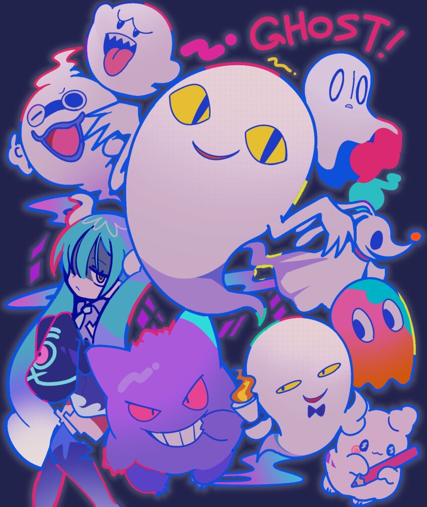 1girl, blinky_(pac-man), boo_(mario), commentary_request, crossover, dog, english_text, gen_1_pokemon, gengar, ghost, ghost_girl, ghost_miku_(project_voltage), grin, hanamaruobake, hatsune_miku, highres, holding, holding_pencil, kaidan_restaurant, looking_at_viewer, mario_(series), mikiwo_eko53, multiple_crossover, napstablook, nenaiko_dare_da, nintendo, open_mouth, pac-man_(game), pencil, pokemon, pokemon_(creature), project_voltage, sanrio, sharp_teeth, smile, teeth, the_nightmare_before_christmas, trait_connection, undertale, upper_teeth_only, utdr_(toby_fox), vocaloid, whisper_(youkai_watch), yami_no_garcon, youkai_(youkai_watch), youkai_watch, zero_(nbc)