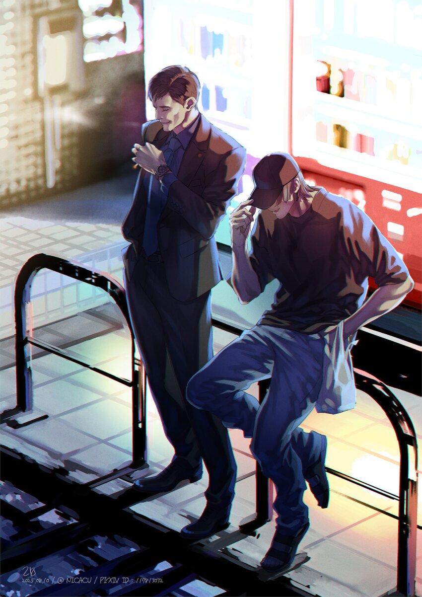 2boys, adjusting_clothes, adjusting_headwear, against_railing, akiyama_shun, arai_hiroaki, bag, baseball_cap