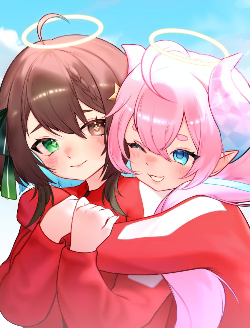 2girls, absurdres, ahoge, blue_eyes, blue_hair, blue_sky, blush, bow, braid, brown_eyes, brown_hair, chibidoki_(vtuber), colored_inner_hair, cross-shaped_pupils, day, demon_horns, dxnyana, green_bow, green_eyes, hair_bow, hair_ornament, halo, heterochromia, highres, horns, hug, hug_from_behind, indie_virtual_youtuber, long_hair, medium_hair, meica_(vtuber), mismatched_pupils, multicolored_hair, multiple_girls, one_eye_closed, pink_hair, pointy_ears, red_track_suit, sky, smile, smirk, sprout-shaped_pupils, squid_craft_games, star_(symbol), star_hair_ornament, symbol-shaped_pupils, thick_eyebrows, track_suit, twitch_rivals, virtual_youtuber