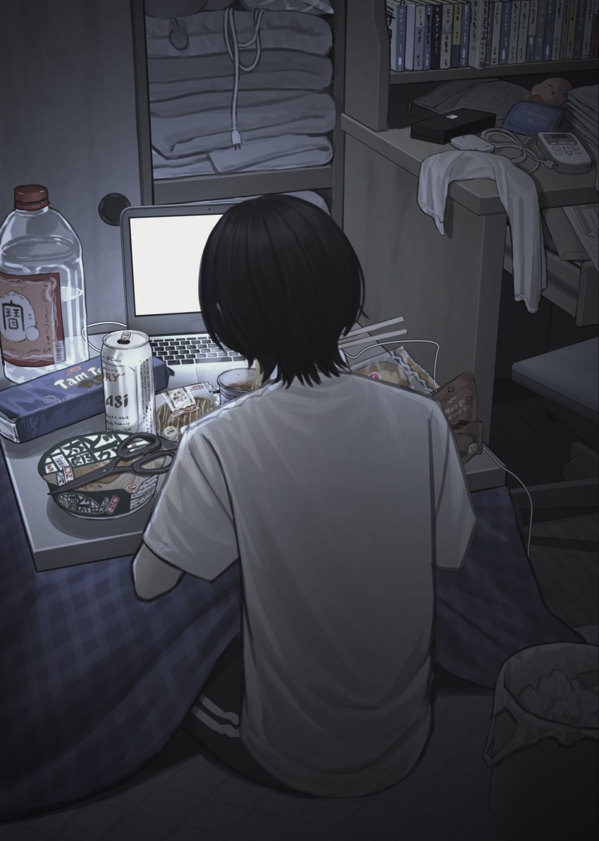 1boy, at_computer, beer_can, black_hair, can, chopsticks, commentary_request, computer