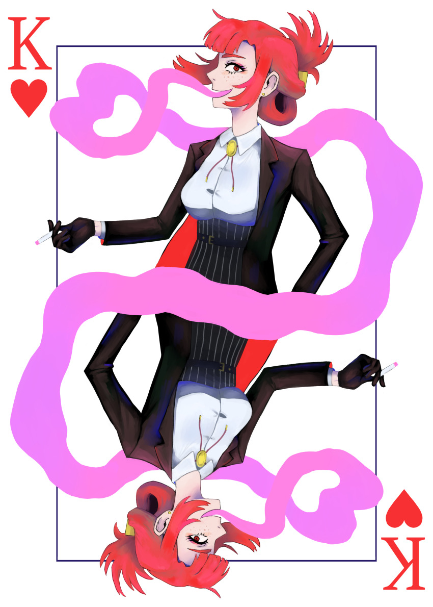 1girl, :d, absurdres, belt, black_gloves, black_jacket, bolo_tie, breasts