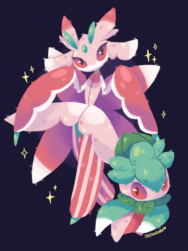 antennae, artist_name, commentary, english_commentary, evolutionary_line, eyelashes, fomantis, full_body, gen_7_pokemon, joypandaah, lurantis, nintendo, pokemon, pokemon_(creature), pokemon_focus, purple_background, sparkle