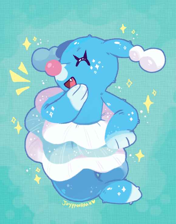 aqua_background, artist_name, brionne, closed_eyes, commentary, english_commentary, eyelashes, fang