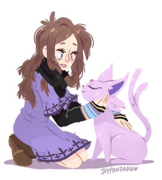 1girl, antenna_hair, artist_name, black_scarf, boots, brown_boots, brown_hair, closed_eyes, closed_mouth, commentary, crossover, dress, english_commentary, espeon, eyelashes, fan_request, forehead_jewel, forked_tail, full_body, gen_2_pokemon, hand_on_another's_face, joypandaah, kneeling, kurashiki_akane, kyokugen_dasshutsu, kyokugen_dasshutsu:_9_jikan_9_nin_9_no_tobira, long_hair, long_sleeves, nintendo, open_mouth, petting, pokemon, pokemon_(creature), purple_dress, purple_eyes, scarf, simple_background, smile, tail, teeth, tumblr_ask, upper_teeth_only, white_background