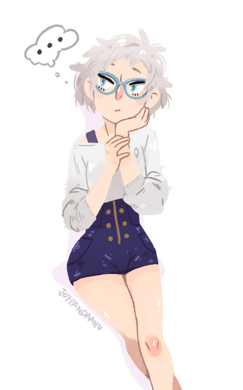 ..., 1girl, artist_name, blue-framed_eyewear, blue_eyes, blue_shorts, commentary, english_commentary, eyelashes, fan_request, hand_on_own_face, high-waist_shorts, joypandaah, kyokugen_dasshutsu, long_sleeves, phi_(kyokugen_dasshutsu), shirt, short_hair, shorts, simple_background, solo, speech_bubble, thought_bubble, tumblr_ask, white_background, white_hair, white_shirt, zero_escape:_toki_no_dilemma