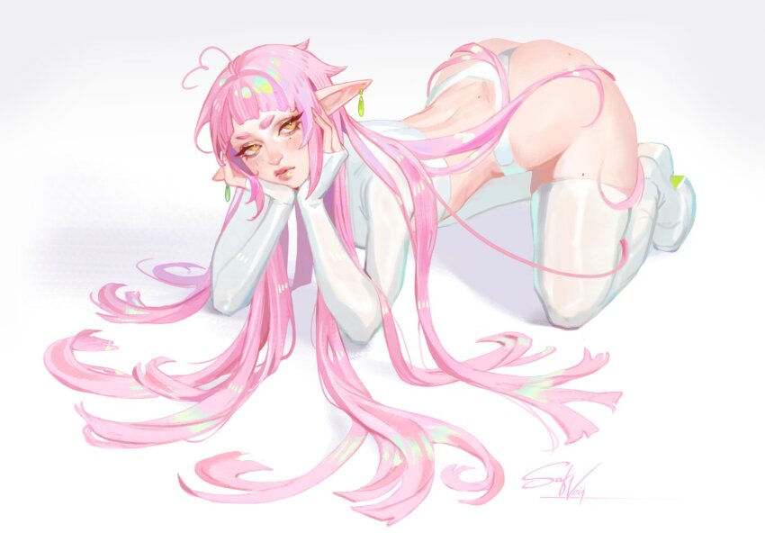 1girl, ahoge, all_fours, arched_bangs, artist_name, ass, boots, closed_mouth