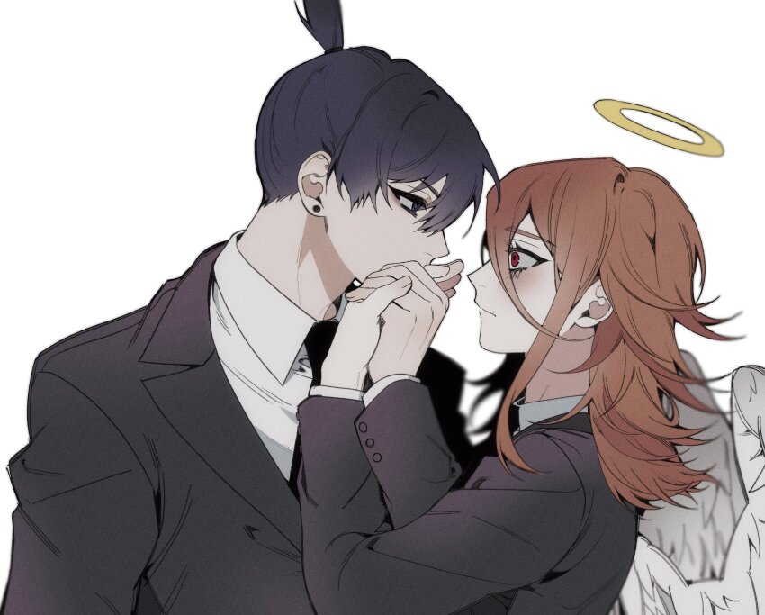 2boys, androgynous, angel_devil_(chainsaw_man), angel_wings, animal_ears, black_hair, black_jacket, black_necktie, blush, brown_hair, chainsaw_man, collared_shirt, commentary_request, e96l2, grey_eyes, hair_between_eyes, halo, hayakawa_aki, highres, holding_hands, jacket, kiss, kissing_hand, korean_commentary, male_focus, medium_hair, multiple_boys, necktie, ponytail, red_eyes, shirt, short_ponytail, suit_jacket, upper_body, white_shirt, wide-eyed, wings, yaoi
