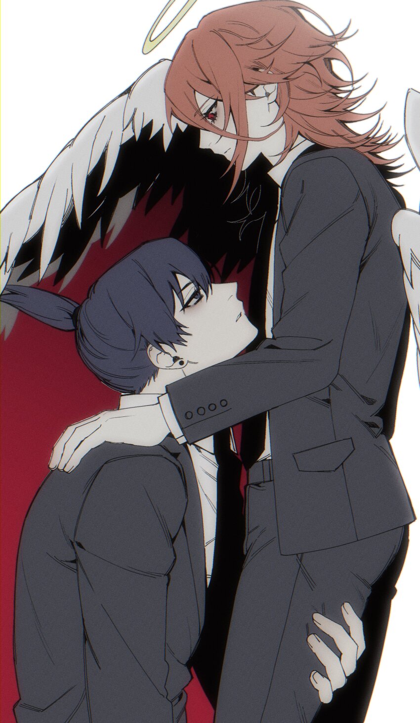 2boys, absurdres, angel_devil_(chainsaw_man), angel_wings, black_hair, black_jacket, black_necktie, black_pants