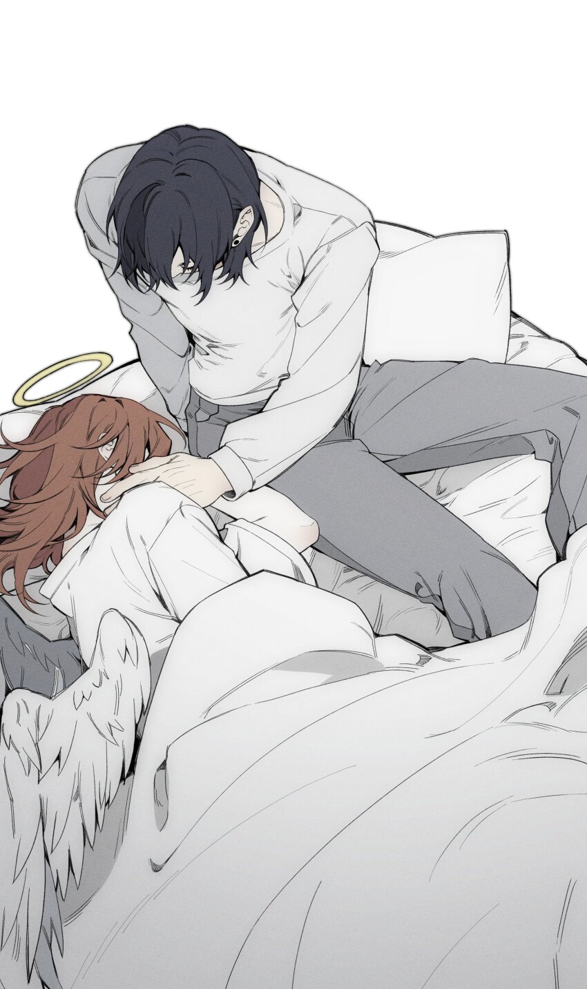 2boys, absurdres, angel_devil_(chainsaw_man), angel_wings, bed_sheet, black_hair, brown_hair, chainsaw_man, commentary_request, e96l2, earrings, feathered_wings, grey_pants, hair_over_one_eye, halo, hand_on_another's_neck, hayakawa_aki, highres, jewelry, looking_at_another, male_focus, multiple_boys, pants, pillow, shirt, under_covers, white_background, white_shirt, white_wings, wings, yaoi