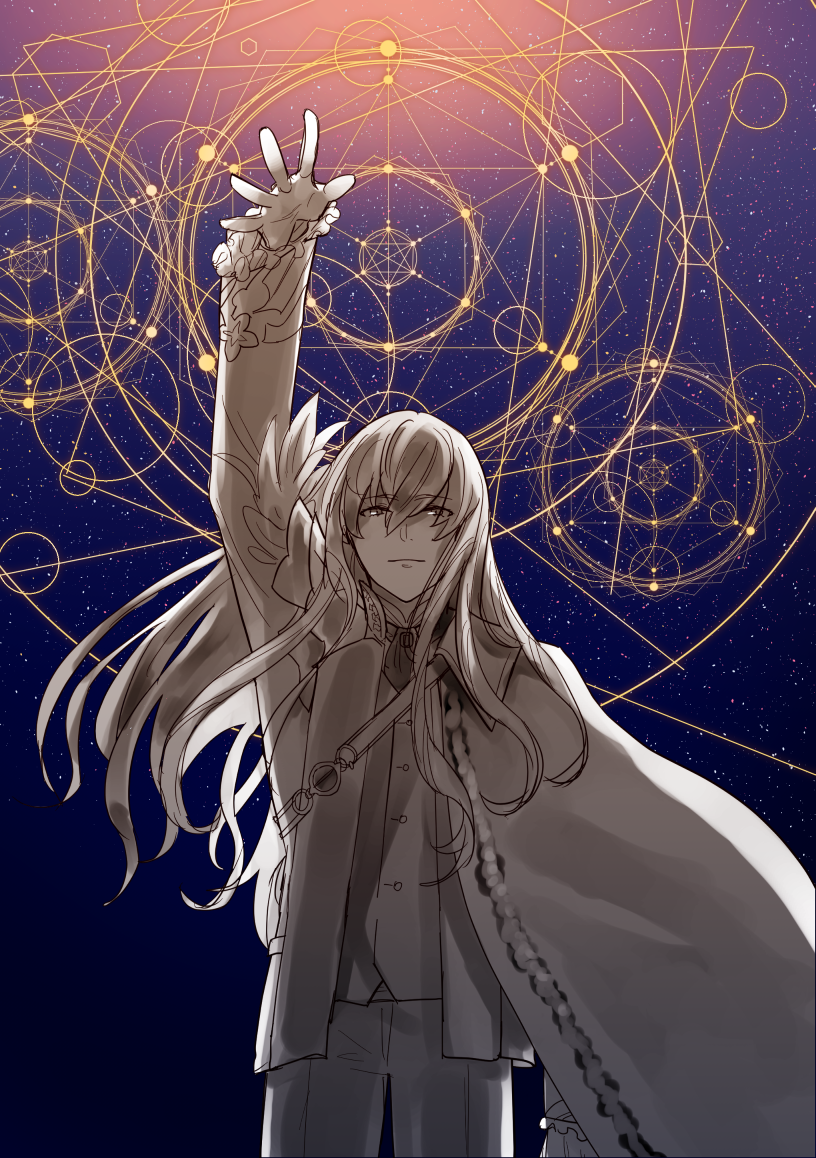 1boy, arm_at_side, arm_up, ascot, brooch, cape, closed_mouth, collared_cape