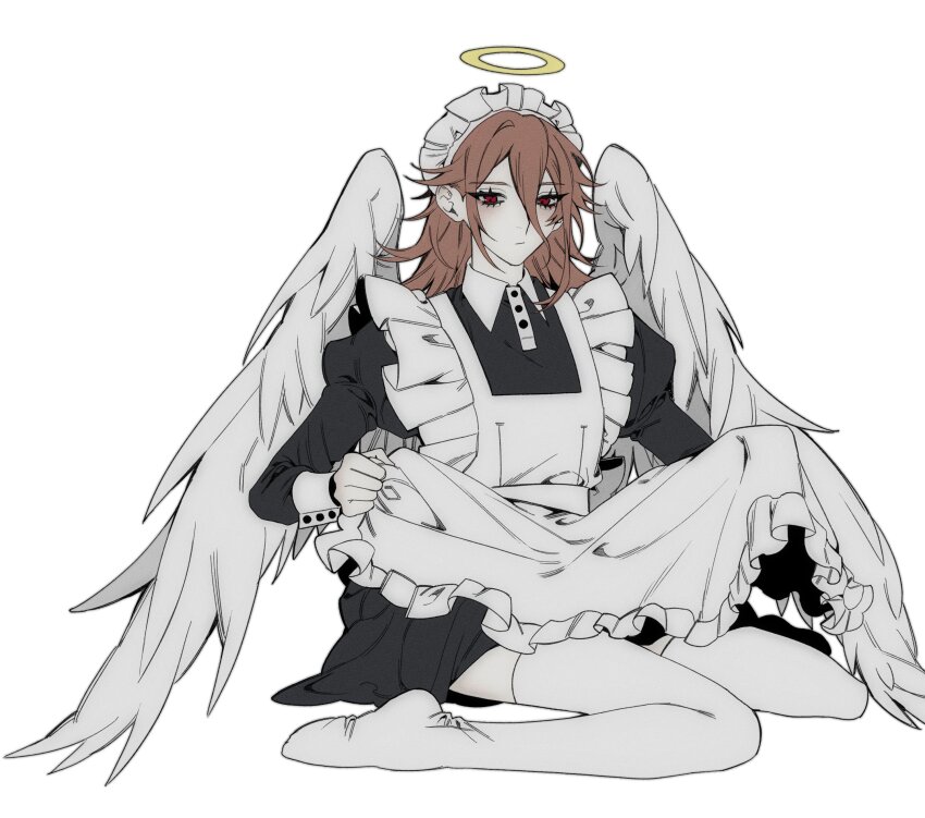1boy, absurdres, androgynous, angel_devil_(chainsaw_man), angel_wings, apron, black_dress, brown_hair, chainsaw_man, collared_dress, commentary_request, crossdressing, crossdressing_(mtf), dress, e96l2, frilled_apron, frills, full_body, hair_between_eyes, halo, highres, juliet_sleeves, korean_commentary, long_hair, long_sleeves, maid, maid_apron, maid_headdress, male_focus, puffy_sleeves, red_eyes, sitting, solo, thighhighs, white_apron, white_background, white_thighhighs, white_wings, wings