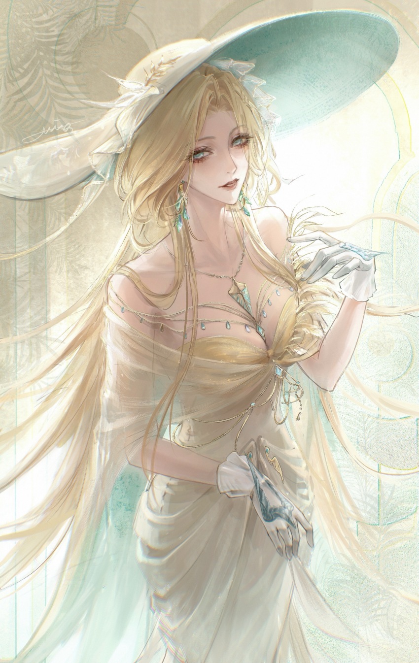 1girl, absurdres, bare_shoulders, blonde_hair, blue_eyes, breasts, chromatic_aberration, cleavage, collarbone, cowboy_shot, curtained_hair, dress, earrings, eyeliner, forehead, gloves, gold_dress, gold_necklace, gradient_background, green_background, hand_up, hat_ornament, highres, jewelry, large_hat, leaf_hat_ornament, long_hair, looking_at_viewer, makeup, margaret_(path_to_nowhere), mingzi_cmmm, necklace, palm_leaf, parted_lips, path_to_nowhere, red_eyeliner, signature, smile, solo, strapless, strapless_dress, very_long_hair, white_gloves, yellow_background