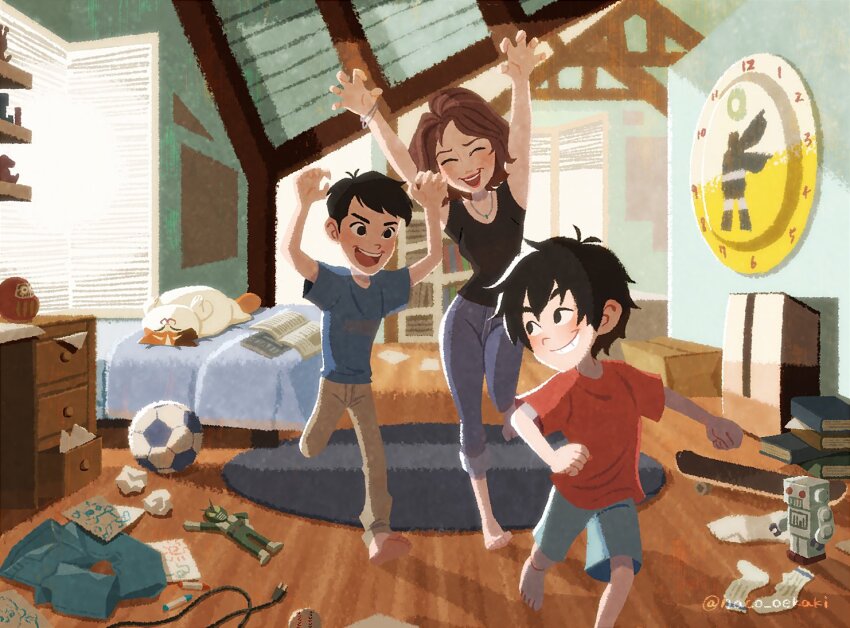 1girl, 2boys, action_figure, aunt_and_nephew, ball, barefoot, big_hero_6, black_hair
