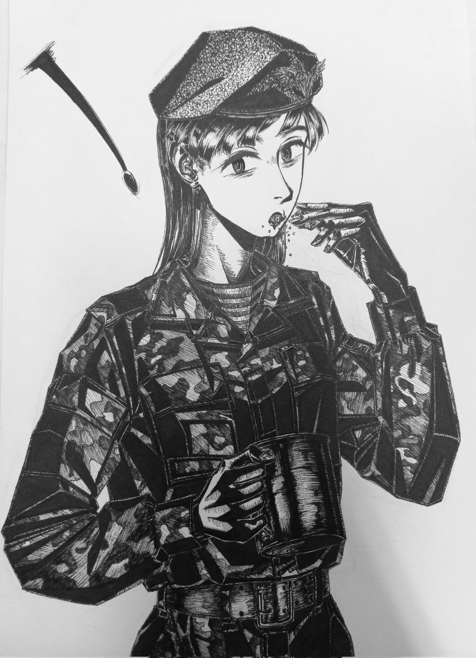 !, 1girl, assault_rifle, beret, black_gloves, blush, bordfunker133, camouflage, camouflage_jacket, camouflage_pants, digital_camouflage, eating, gloves, greyscale, gun, hat, highres, holding, holding_gun, holding_weapon, jacket, long_hair, long_sleeves, looking_at_viewer, military, monochrome, original, pants, paratrooper, photo_(medium), rifle, russo-ukrainian_war, sasha_shoshnikova, shirt, smile, solo, spoken_exclamation_mark, striped_clothes, striped_shirt, telnyashka, ukrainian_vdv, vdv, war_in_donbass, weapon