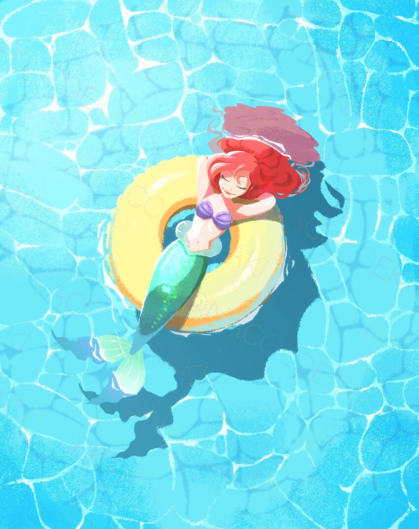 1girl, afloat, ariel_(disney), arms_behind_head, bikini, breasts, closed_eyes, closed_mouth