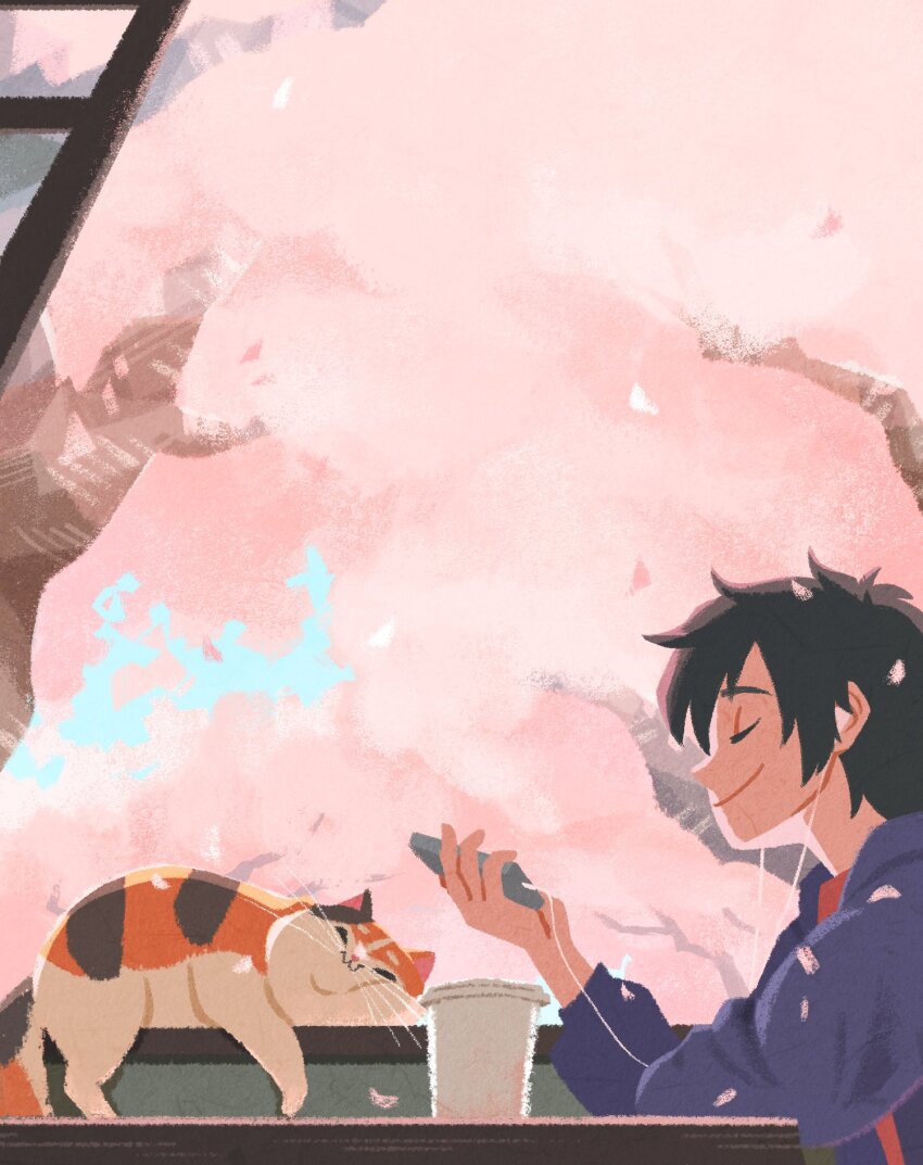 big_hero_6, black_hair, blue_jacket, calico_(pattern), calico_cat, cat, cherry_blossoms, closed_eyes