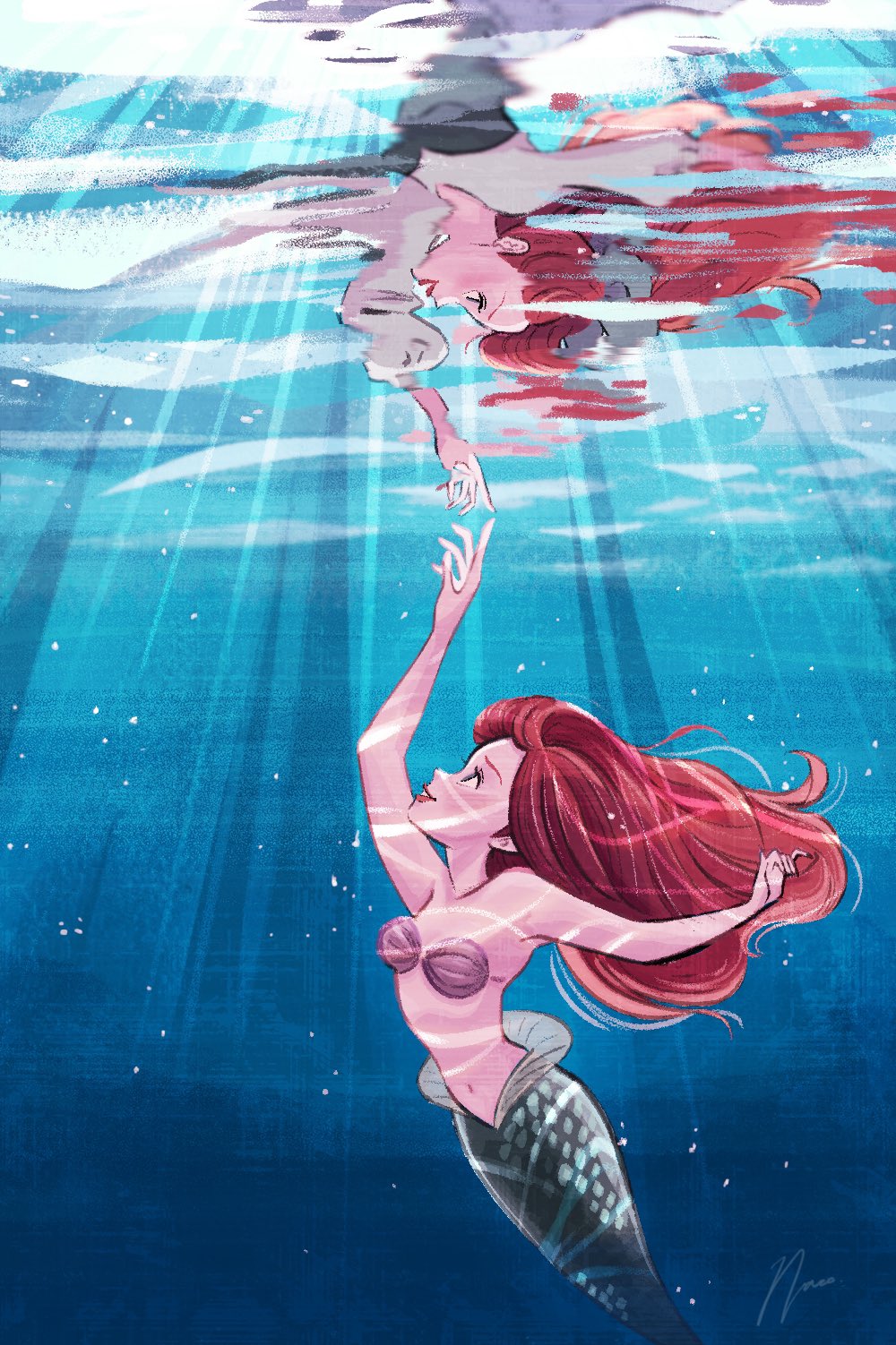 2girls, ariel_(disney), bare_arms, bare_shoulders, bikini, breasts, cleavage, commentary