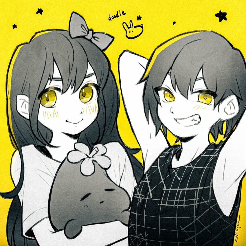 1boy, 1girl, :>, arms_behind_head, arms_up, aubrey_(headspace)_(omori), aubrey_(omori), blush