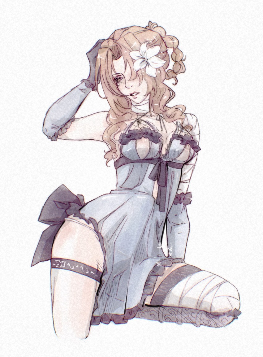 1girl, aerith_gainsborough, aerith_gainsborough_(garb_of_the_possessed), bandaged_arm, bandaged_leg, bandaged_neck, bandages, black_gloves