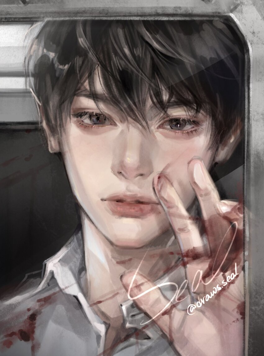 1boy, aegyo_sal, against_glass, black_eyes, black_hair, collared_shirt, commentary_request, derivative_work, drawsseal, hand_up, highres, kim_dokja, korean_commentary, looking_at_viewer, male_focus, official_art_redraw, omniscient_reader's_viewpoint, parted_lips, portrait, shirt, short_hair, smeared_blood, solo, white_shirt