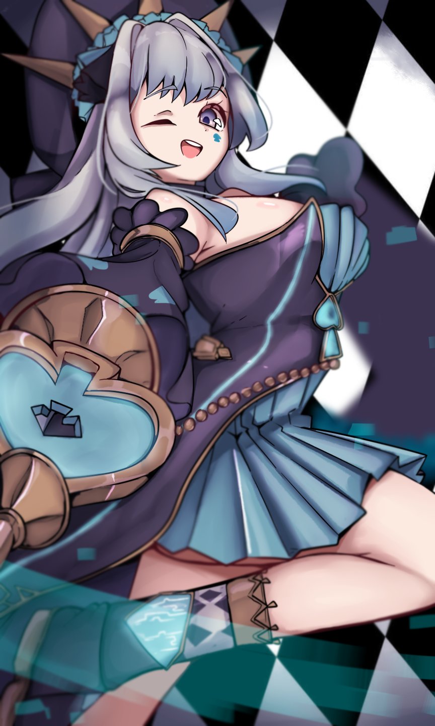 1girl, breasts, club_tattoo, commentary, denyel, detached_sleeves, dress, duel_monster