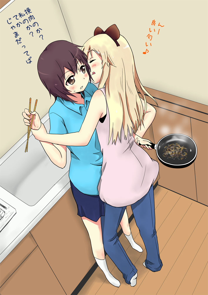 2girls, 7001, :q, black_hair, blonde_hair, bow, brown_eyes, casual