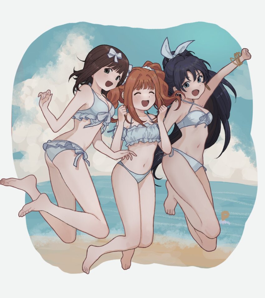3girls, 8_8ghost, amami_haruka, arm_up, bare_legs, barefoot, beach, bikini, black_hair, blue_eyes, bow, bracelet, breasts, brown_hair, closed_eyes, day, earrings, fang, feet, ganaha_hibiki, green_eyes, hair_bow, highres, hoop_earrings, idolmaster, idolmaster_(classic), jewelry, jumping, long_hair, looking_at_viewer, multiple_girls, multiple_hair_bows, navel, open_mouth, orange_hair, outdoors, p-head_producer, ponytail, producer_(idolmaster), short_hair, swimsuit, takatsuki_yayoi, twintails, white_bikini, white_bow