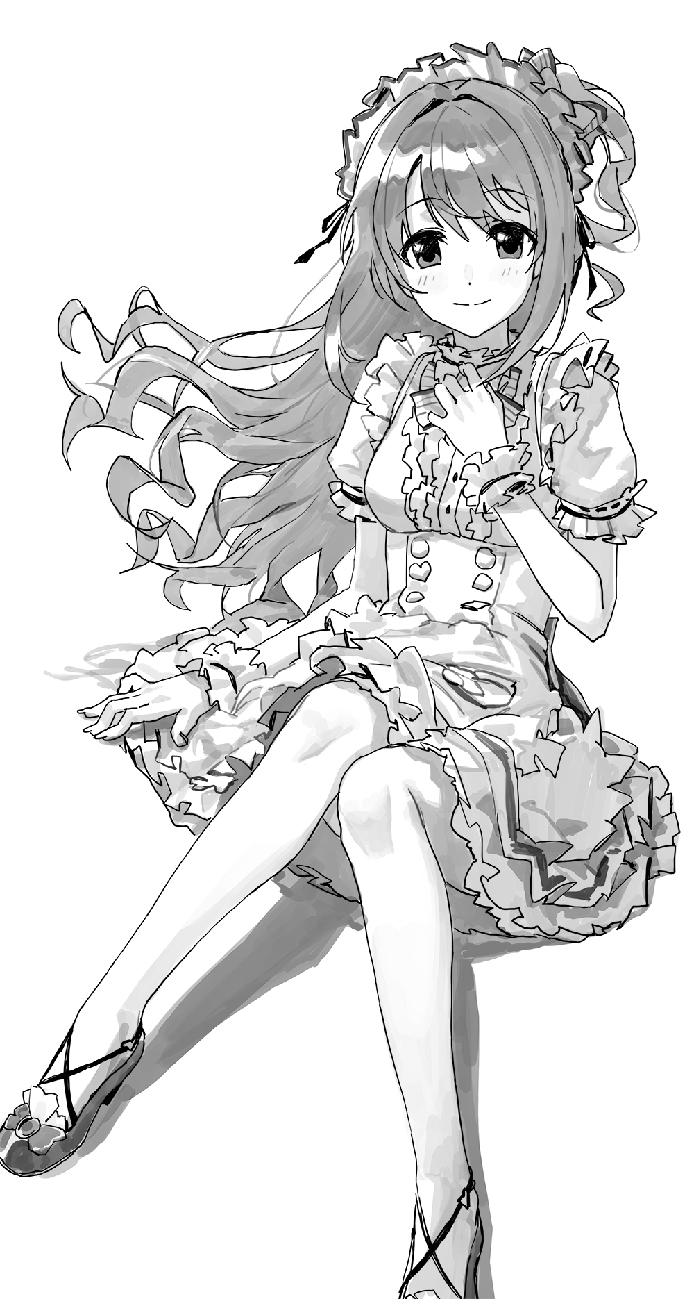 1girl, bow, center_frills, commentary, floating_hair, footwear_bow, frilled_shoes, frills