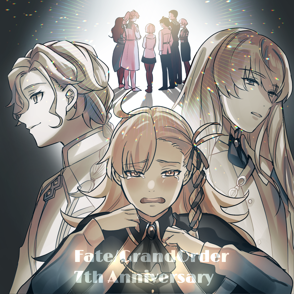 4girls, 5boys, aged_down, ahoge, anniversary, ascot, braid, brooch, capelet, chaldea_logo, chaldea_uniform, closed_mouth, coat, commentary_request, copyright_name, crying, crying_with_eyes_open, doro_(kura-chou), duston_(fate), english_text, fate/grand_order, fate_(series), fujimaru_ritsuka_(male), hair_between_eyes, hair_over_shoulder, hair_ribbon, hands_up, hood, hooded_jacket, jacket, jewelry, kirschtaria_wodime, leonardo_da_vinci_(caster)_(fate), leonardo_da_vinci_(fate), light_particles, long_hair, long_sleeves, looking_ahead, looking_at_another, marisbury_animusphere, mash_kyrielight, medium_hair, multiple_boys, multiple_girls, olga_marie_animusphere, open_mouth, pants, parted_bangs, ponytail, ribbon, ribbon_braid, romani_archaman, sepia, shirt, short_hair, single_braid, skirt, smile, standing, sylvia_(fate), tears