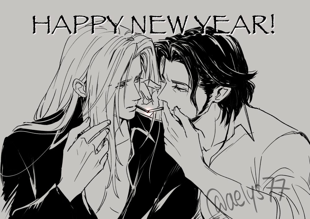 2boys, aelys77, angeal_hewley, beard, black_hair, black_shirt, chinstrap_beard, cigarette