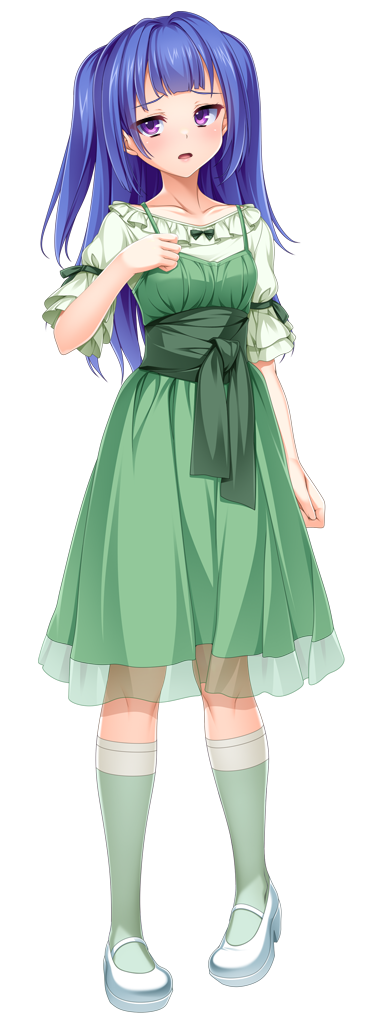 1girl, blue_hair, blunt_bangs, blush, casual, collarbone, dress, full_body