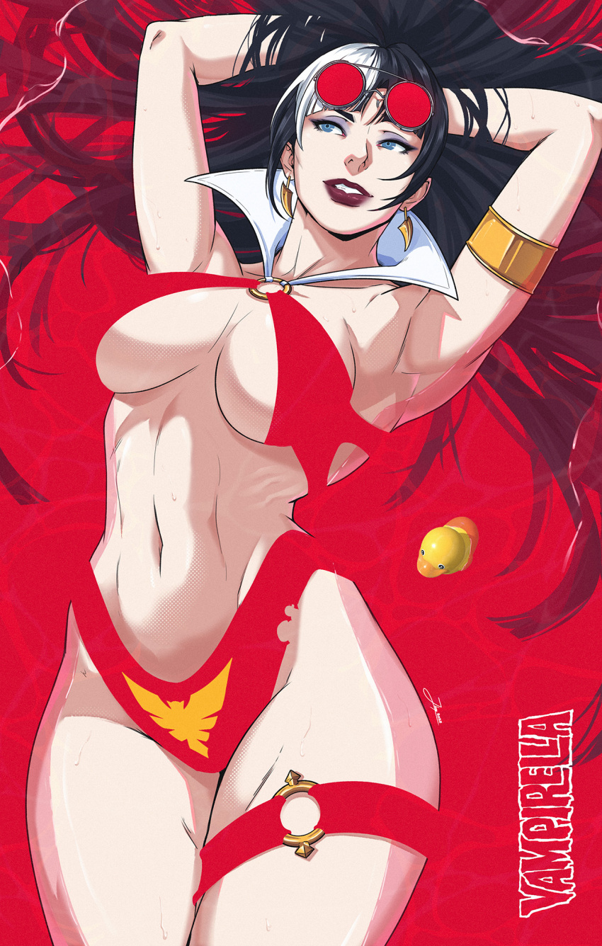 1girl, ambiguous_red_liquid, armlet, arms_behind_head, black_hair, blue_eyes, blunt_bangs, breasts