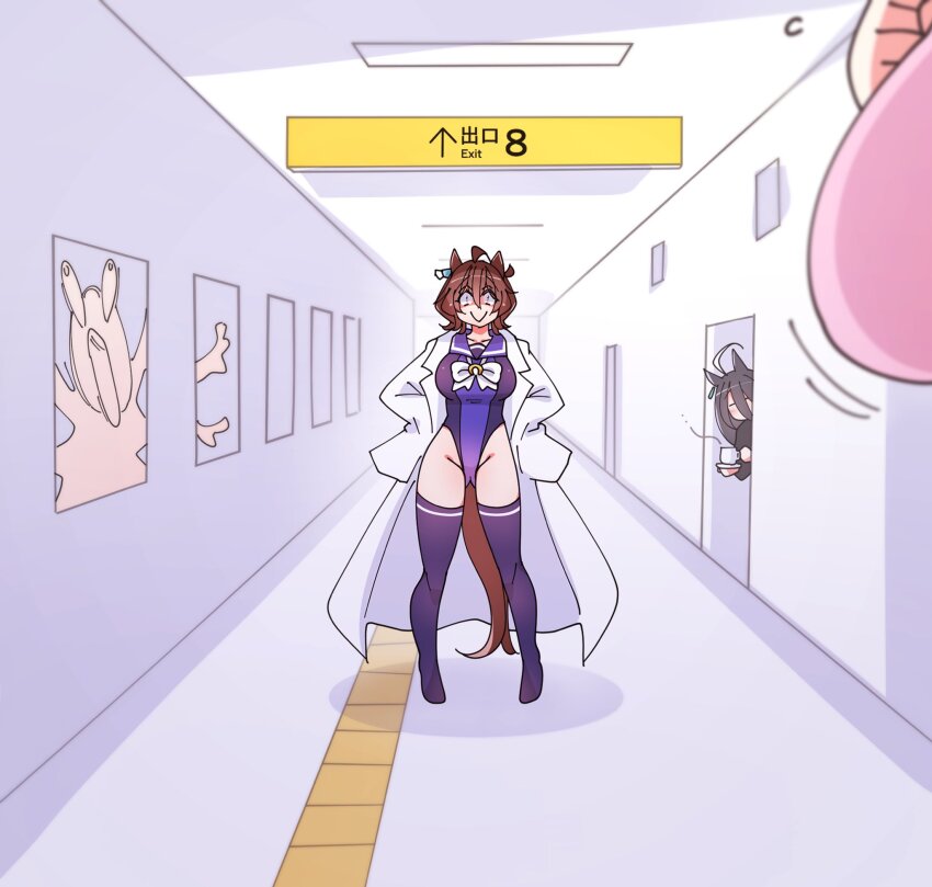 4girls, :>, adapted_costume, agnes_tachyon_(umamusume), ahoge, animal_ears, black_hair, bow