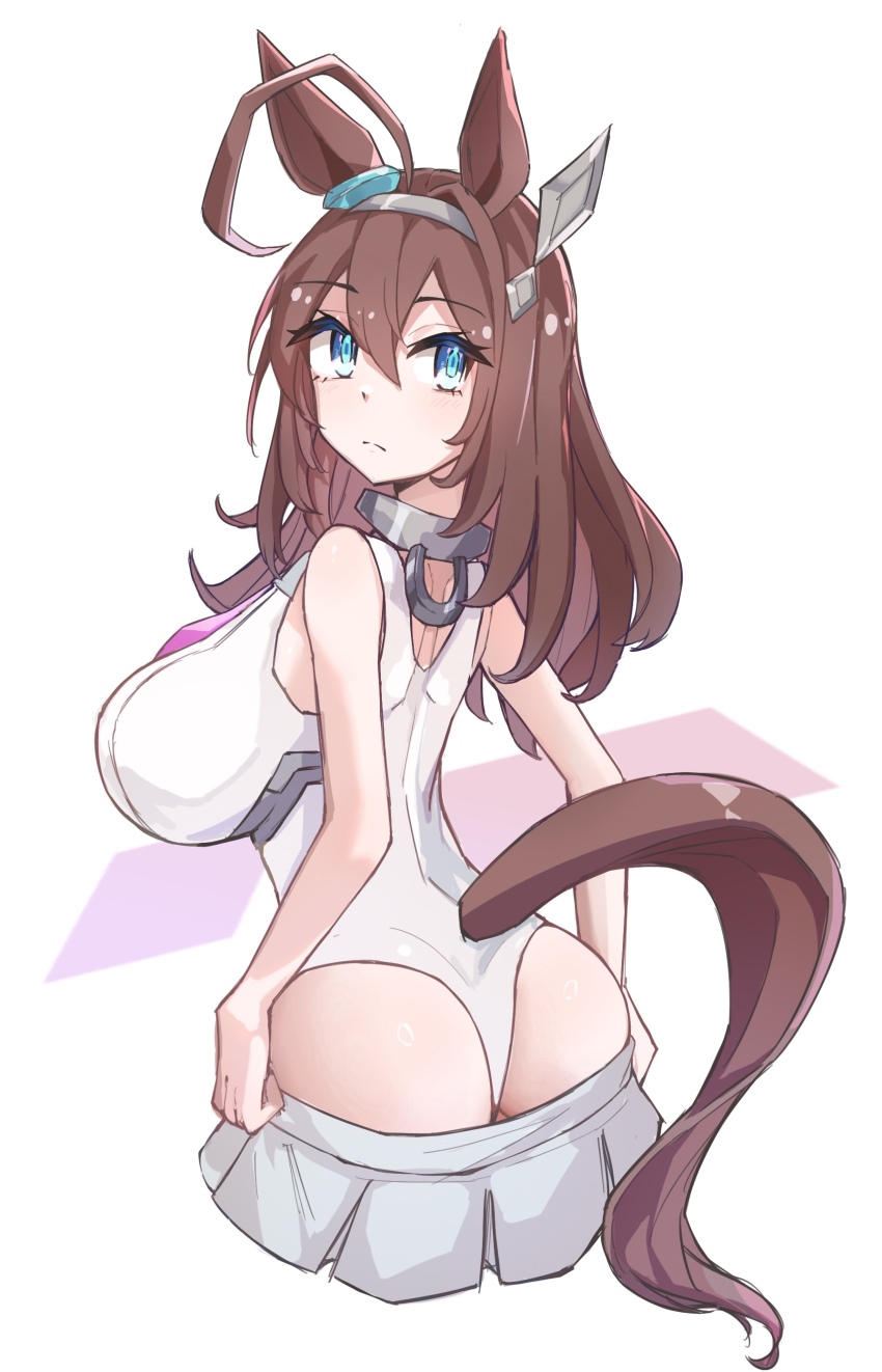 1girl, absurdres, ahoge, animal_ears, ass, bare_shoulders, blue_eyes, breasts