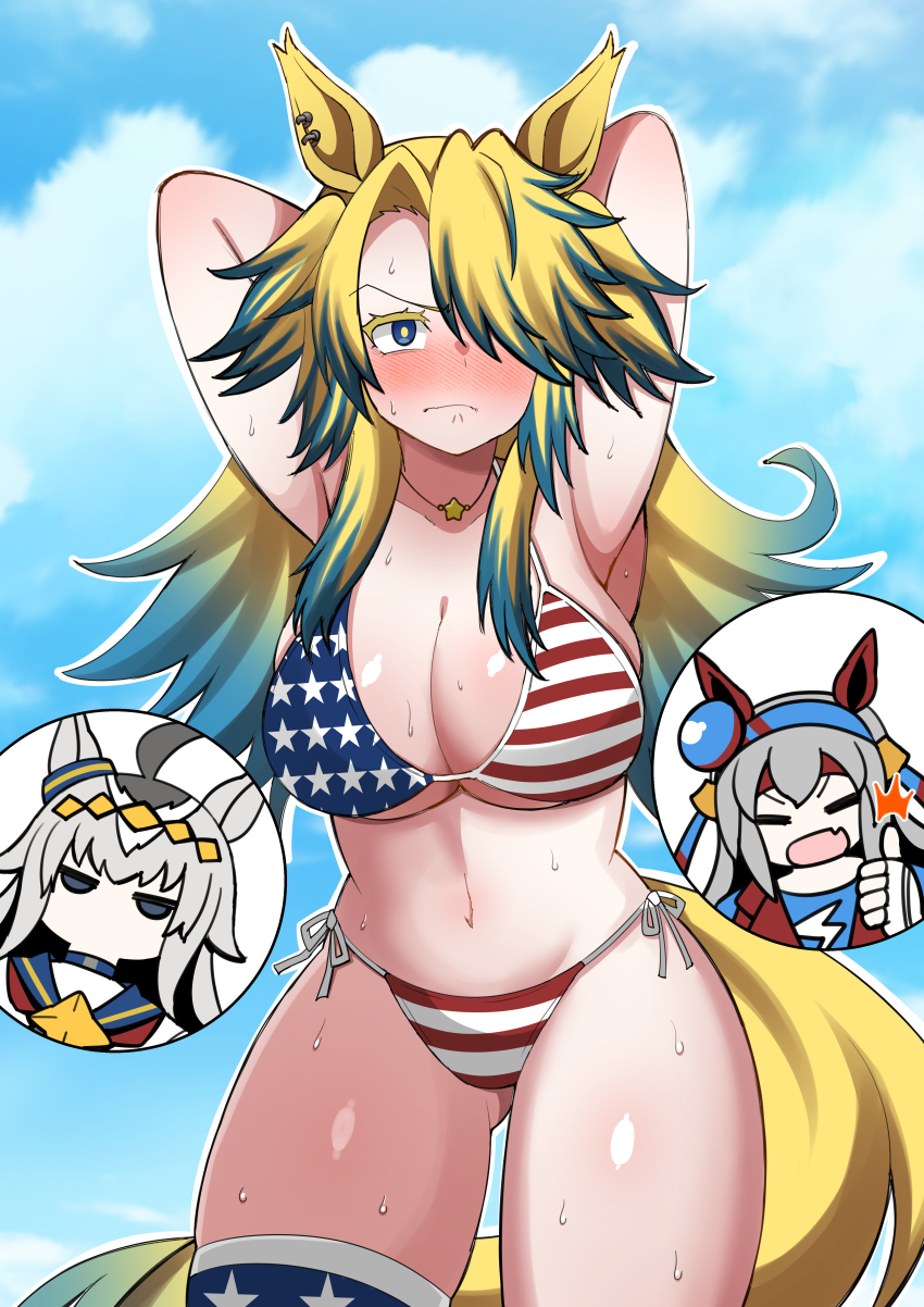 3girls, absurdres, alternate_costume, american_flag, american_flag_bikini, american_flag_print, animal_ears, aramori_susumu, armpits, arms_up, bikini, blonde_hair, blue_eyes, blue_hair, breasts, cleavage, closed_mouth, colored_eyelashes, commentary_request, flag_print, flag_print_bikini, front-tie_bikini_top, front-tie_top, frown, gradient_eyes, gradient_hair, gradient_tail, hair_between_eyes, hairband, highres, horse_ears, horse_girl, horse_tail, large_breasts, leaning_forward, long_hair, looking_at_viewer, multicolored_bikini, multicolored_eyes, multicolored_hair, multicolored_hairband, multiple_girls, navel, obey_your_master_(umamusume), oguri_cap_(umamusume), one_eye_closed, open_mouth, print_bikini, side-tie_bikini_bottom, smile, solo_focus, star-shaped_pupils, star_(symbol), star_print, stomach, swimsuit, symbol-shaped_pupils, tail, tamamo_cross_(umamusume), thighs, two-tone_hairband, two_side_up, umamusume, umamusume:_cinderella_gray, yellow_tail