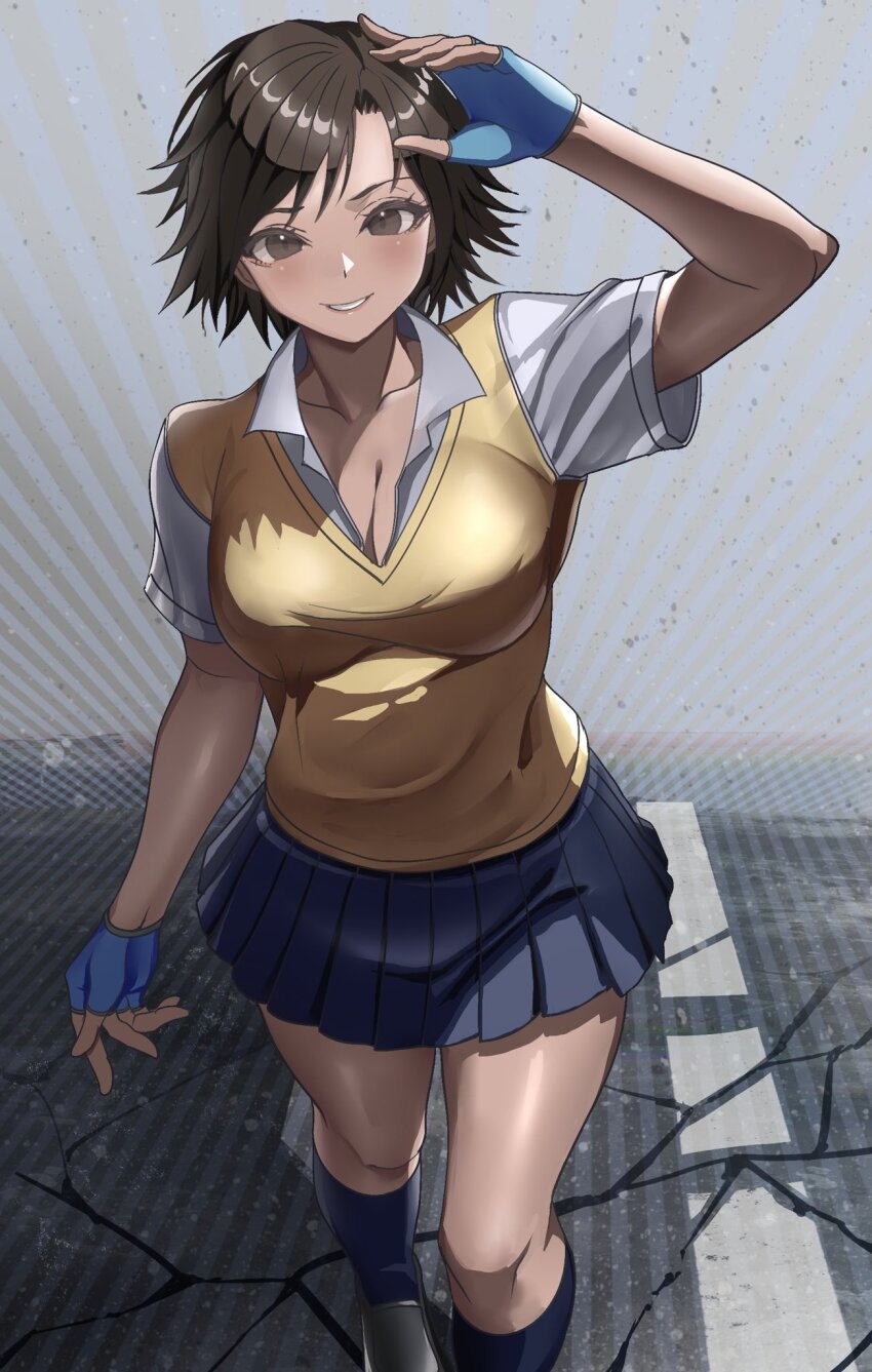1girl, black_shoes, blue_gloves, blue_skirt, blue_socks, breasts, brown_eyes, brown_hair, cleavage, cracked_road, female_focus, fingerless_gloves, gloves, grin, highres, kazama_asuka, large_breasts, looking_at_viewer, matching_hair/eyes, namco, pleated_skirt, road, rokubanana, school_uniform, shirt, shoes, short_hair, short_sleeves, skirt, sleeveless, sleeveless_sweater, smile, socks, solo, standing, sweater, teeth, tekken, tekken_5, white_shirt