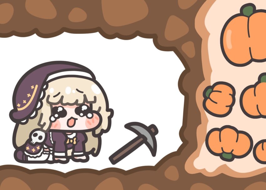 1girl, black_coif, black_dress, black_eyes, blonde_hair, blush, chibi, chibi_only, digging_for_diamonds_(meme), dress, full_body, hashtag-only_commentary, l4ttekim, long_hair, long_sleeves, meme, open_mouth, pickaxe, pumpkin, skull, solo, speaki_(trickcal), speakiposting_(meme), tearing_up, thighhighs, trickcal, white_thighhighs