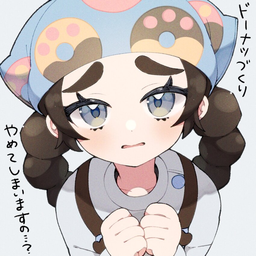 1girl, ansha_(pokemon), apron, black_hair, blue_eyes, braid, facing_viewer, frown