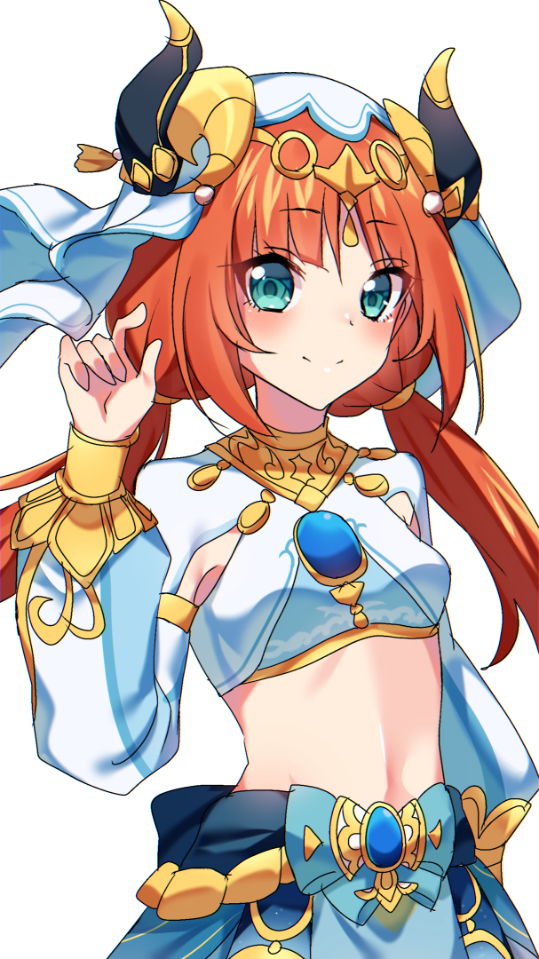 1girl, aqua_eyes, black_horns, blue_skirt, breasts, brooch, closed_mouth, commentary_request