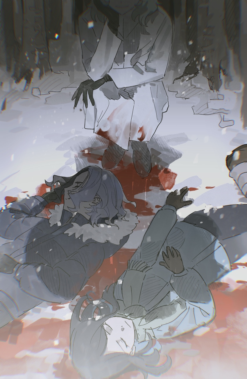 1girl, 2boys, absurdres, amethio_(pokemon), black_boots, black_gloves, black_hair, black_pants