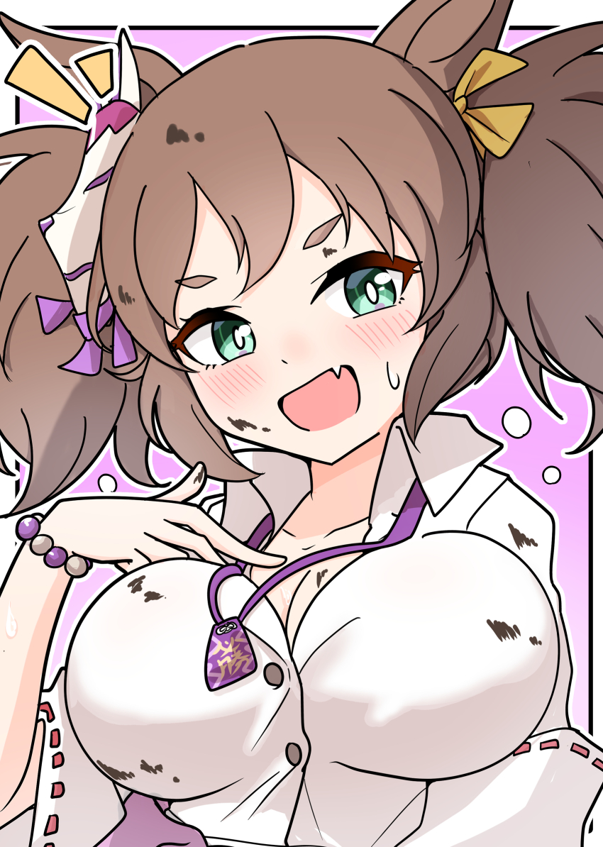 1girl, absurdres, animal_ears, arnolddayo, bead_bracelet, beads, blue_eyes, blush, bracelet, breasts, brown_hair, collarbone, collared_shirt, commentary_request, fang, fox_mask, green_eyes, hair_between_eyes, highres, horse_ears, horse_girl, inari_one_(umamusume), jewelry, large_breasts, long_hair, looking_at_viewer, mask, mask_on_head, open_mouth, shirt, smile, solo, sweatdrop, twintails, umamusume, upper_body, white_shirt