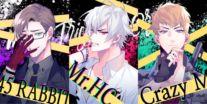 3boys, adam's_apple, adjusting_eyewear, ahoge, aohitsugi_samatoki, aqua_eyes, asymmetrical_bangs, bead_bracelet