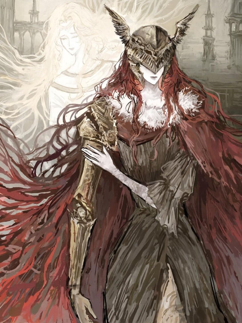 1boy, 1girl, arch, architecture, armor, blonde_hair, brother_and_sister, brown_dress