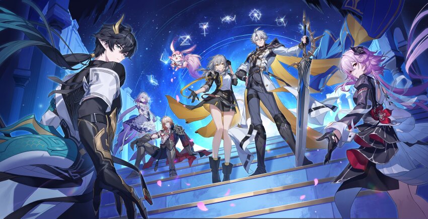 3boys, 3girls, absurdres, arm_tattoo, armor, black_dress, black_gloves, black_hair