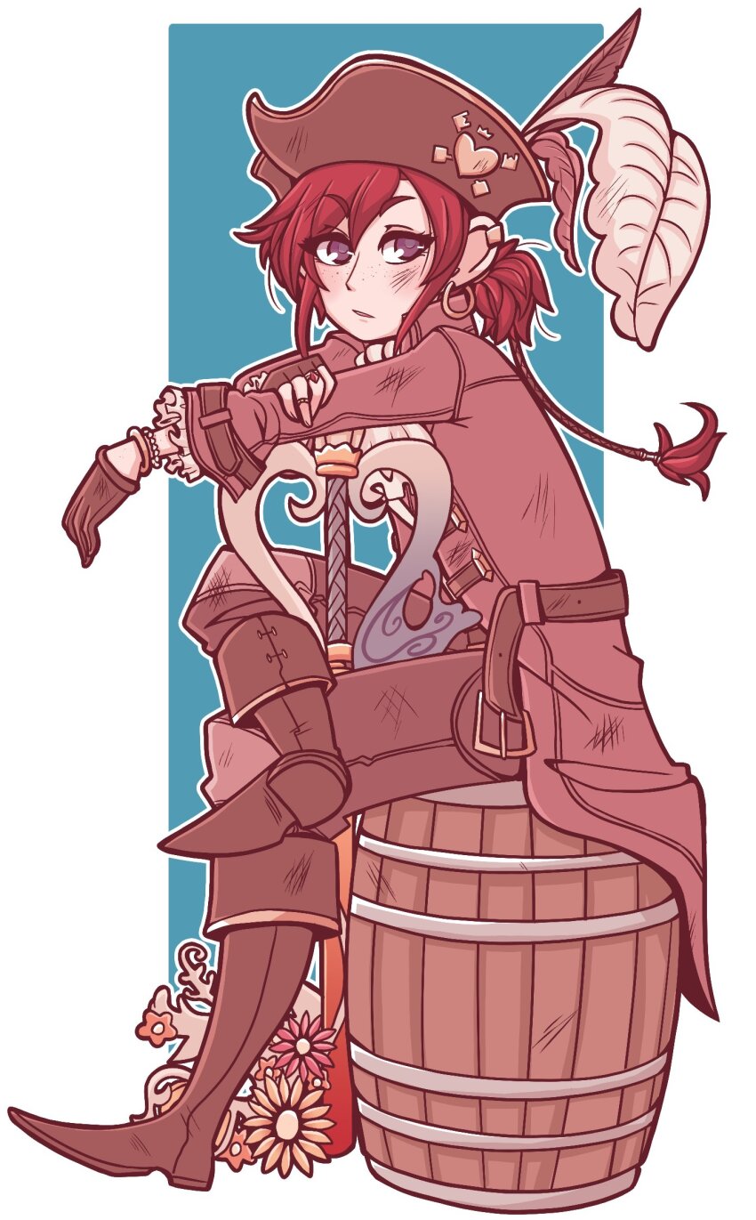 alternate_costume, barrel, belt, black_gloves, blush, boots, brown_belt, brown_boots, brown_hat, brown_pants, closed_mouth, commentary, dapandabanda, destiny's_embrace_(kingdom_hearts), dirty, dirty_clothes, ear_piercing, earrings, english_commentary, eyelashes, fingerless_gloves, flower, freckles, frilled_sleeves, frills, full_body, gloves, hand_on_own_arm, hat, hat_feather, heart, highres, jacket, jewelry, kairi_(kingdom_hearts), keyblade, kingdom_hearts, long_hair, long_sleeves, on_barrel, outline, pants, piercing, pink_jacket, pirate_costume, pirates_of_the_caribbean, purple_eyes, red_hair, sidelocks, simple_background, single_fingerless_glove, sitting, white_outline