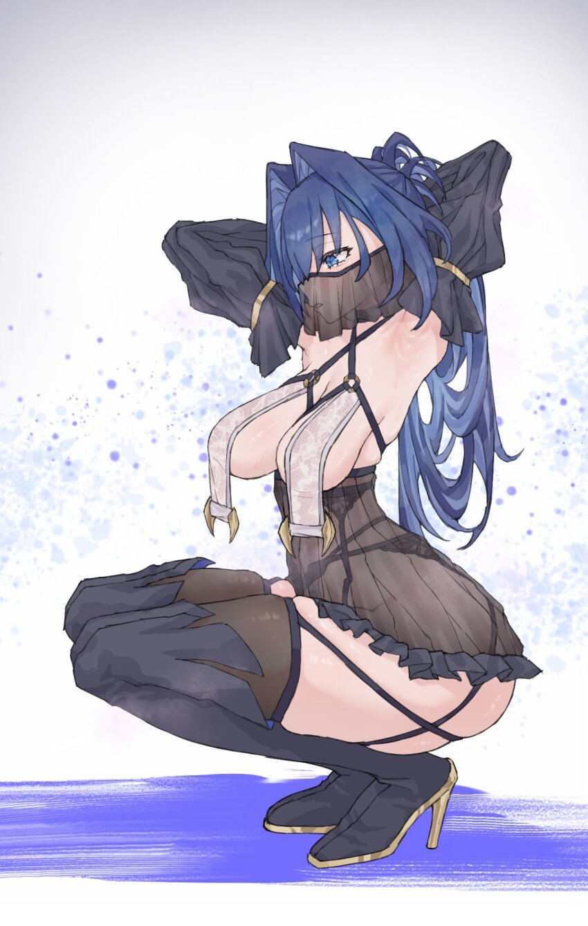 1girl, adapted_costume, alternate_costume, alternate_hairstyle, armpits, arms_behind_head, arms_up, ass