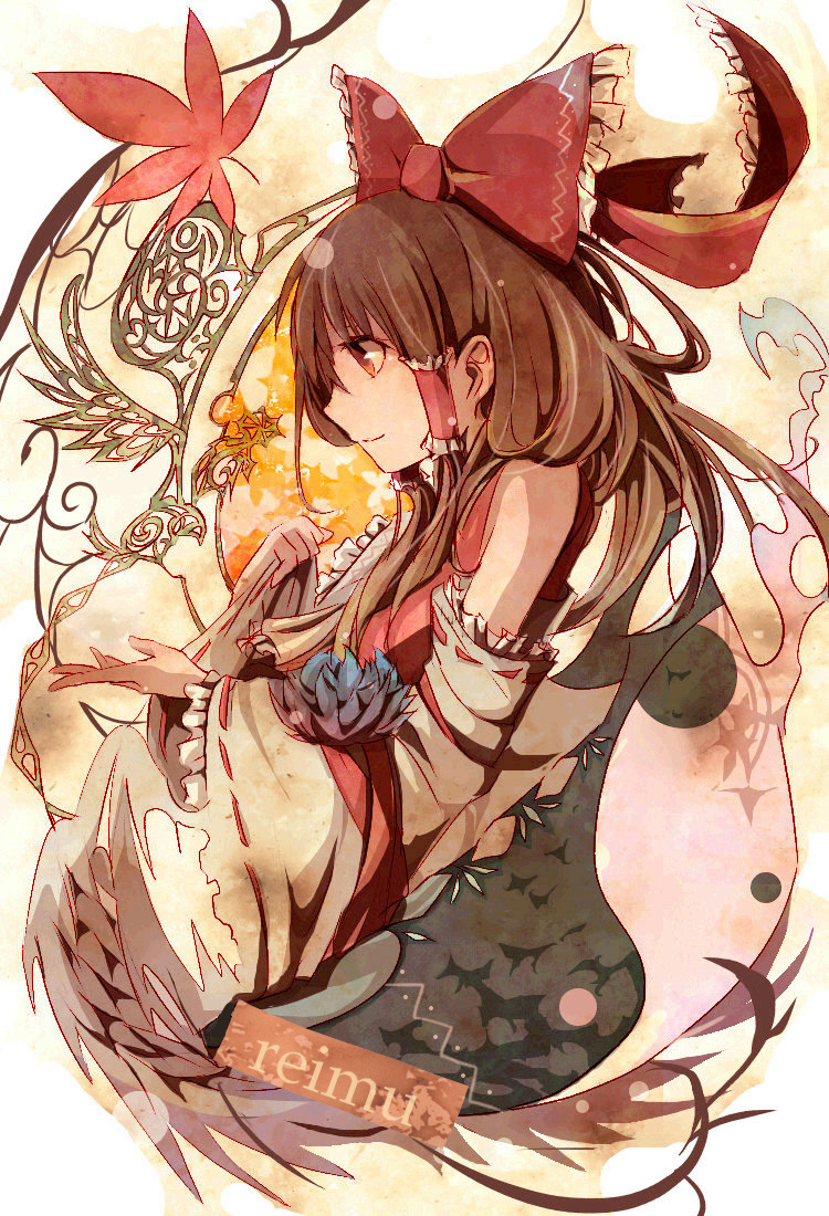 1girl, aji77, bow, brown_hair, detached_sleeves, female_focus, flower, gradient_background